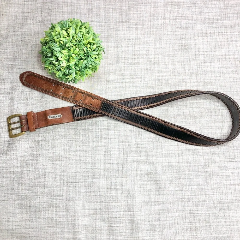 Columbia braided/ top stitched two tone leather and solid brass buckle belt